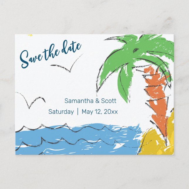 Personalised Treasure beach with palm tree Announcement Postcard (Front)