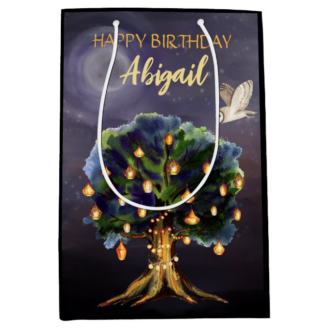 Personalised Tree Lanterns, Moon, Owl Birthday Medium Gift Bag (Front)