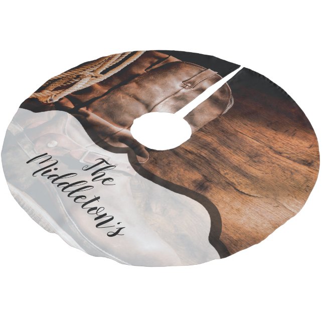 Personalised Tree Skirt Cowboy Boots Barn Wood Rus (Angled)