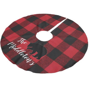 Personalised Tree Skirt Red Buffalo Plaid Bear Bla