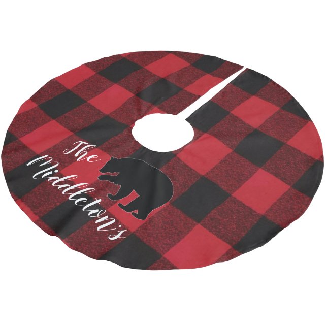 Personalised Tree Skirt Red Buffalo Plaid Bear Bla (Angled)