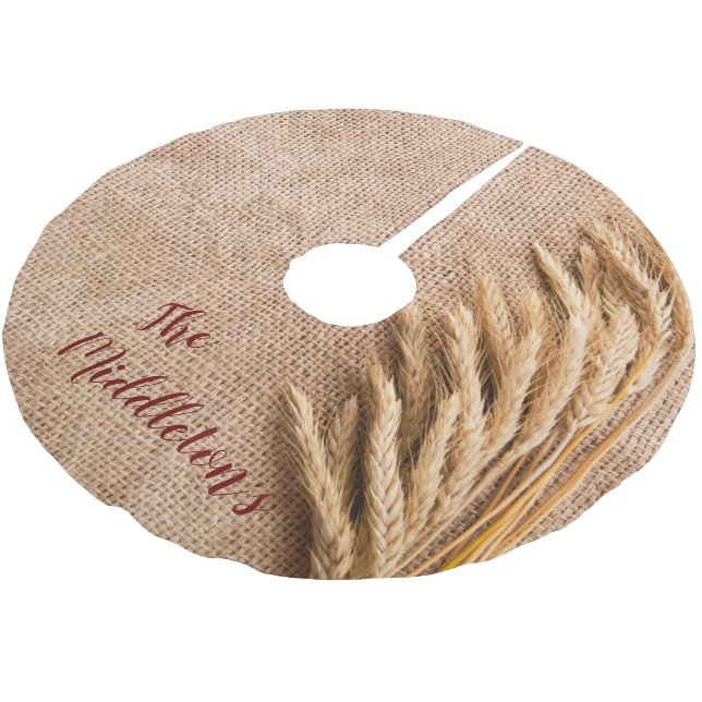 Personalised Tree Skirt Wheat on Burlap Sack Count (Angled)