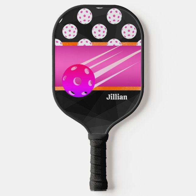 Personalised Trendy Black with Hot Pink & Orange Pickleball Paddle (Front)