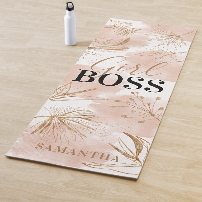 Personalised Trendy Girly Pink & Gold 'Girl Boss' Yoga Mat (In Situ)