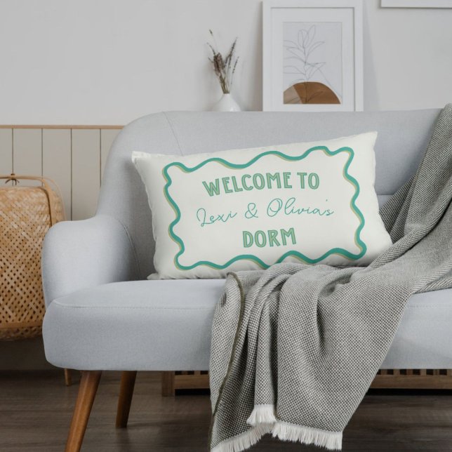 Personalised Trendy Green Hand Drawn Dorm Roommate Decorative Cushion (This is a trendy and modern green and blue pillow for your college dorm.)