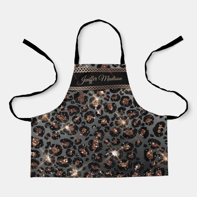Personalised Trendy Leopard Black Gold Glitter     Apron (Front)