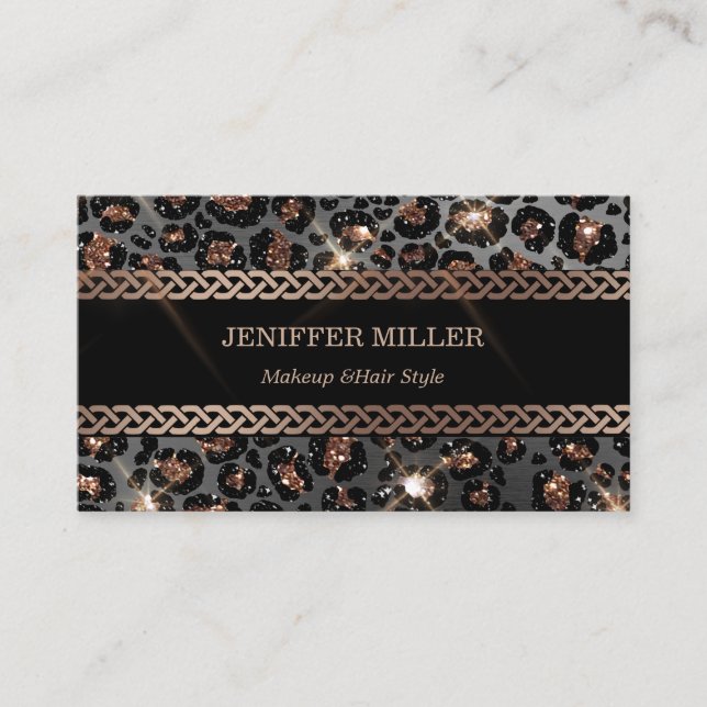 Personalised Trendy Leopard Black Gold Glitter     Business Card (Front)