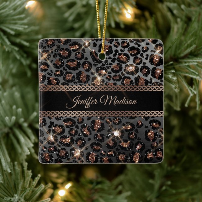 Personalised Trendy Leopard Black Gold Glitter     Ceramic Ornament (Tree)