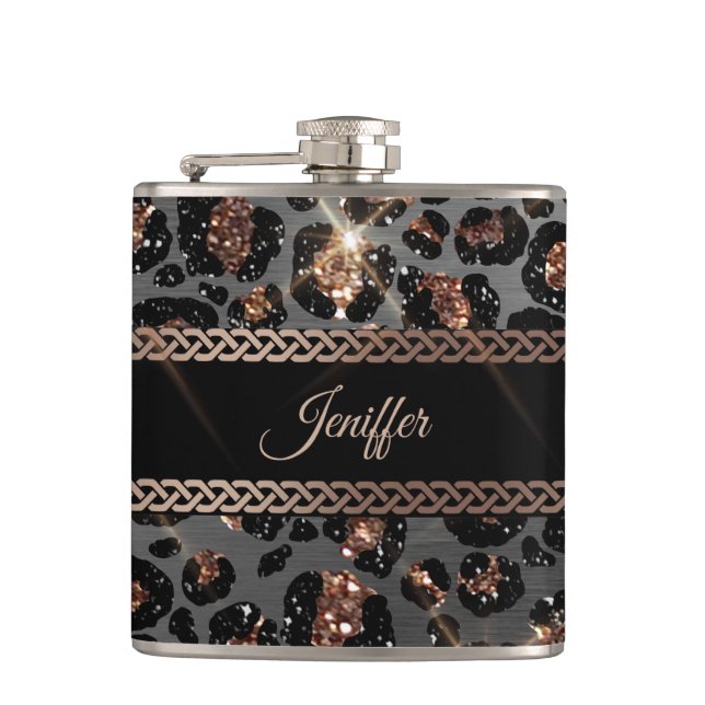 Personalised Trendy Leopard Black Gold Glitter     Hip Flask (Front)