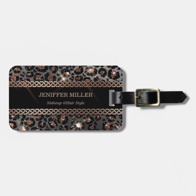 Personalised Trendy Leopard Black Gold Glitter     Luggage Tag (Front Horizontal)