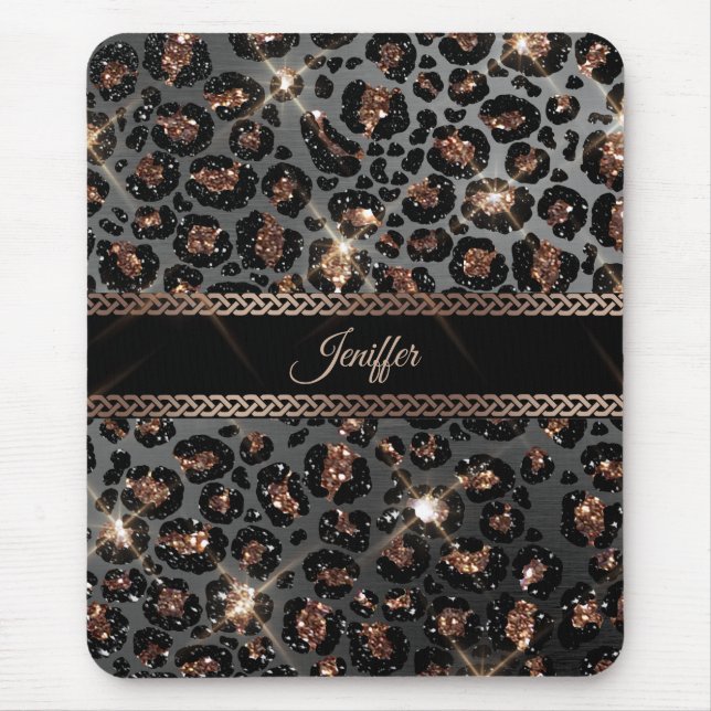Personalised Trendy Leopard Black Gold Glitter     Mouse Mat (Front)