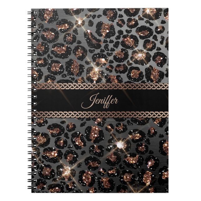 Personalised Trendy Leopard Black Gold Glitter     Notebook (Front)