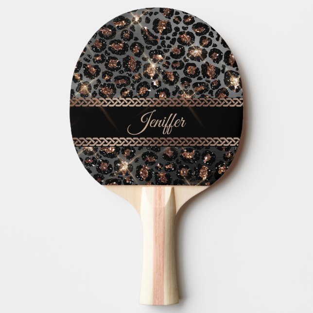 Personalised Trendy Leopard Black Gold Glitter     Ping Pong Paddle (Front)