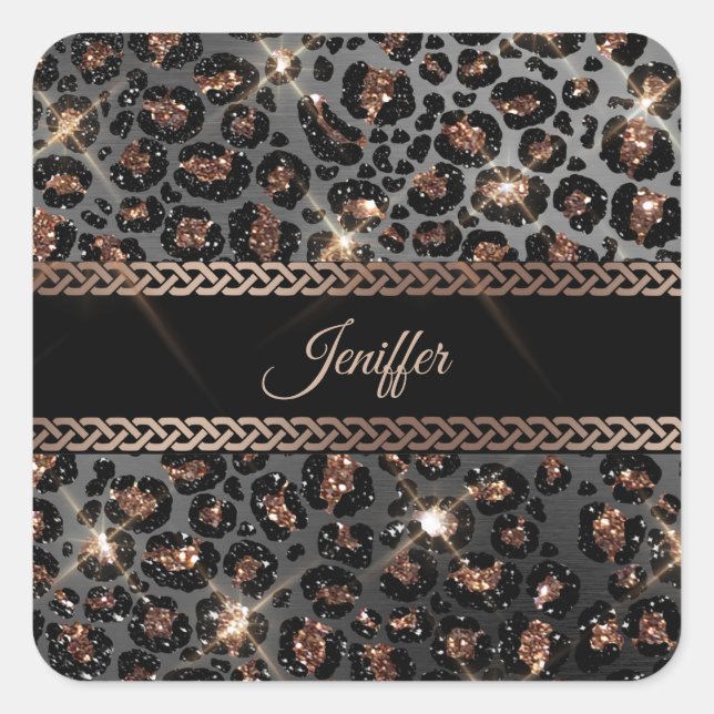 Personalised Trendy Leopard Black Gold Glitter     Square Sticker (Front)