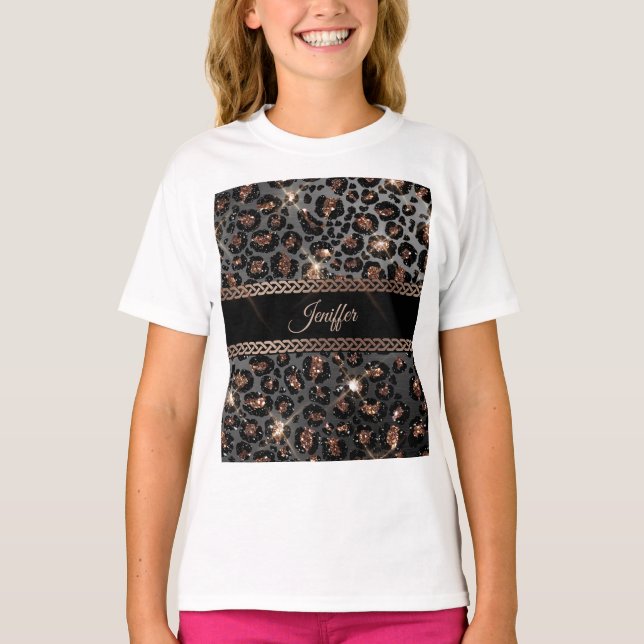 Personalised Trendy Leopard Black Gold Glitter     T-Shirt (Front)