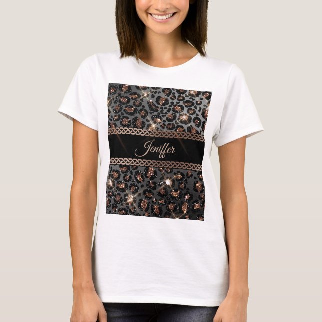 Personalised Trendy Leopard Black Gold Glitter     T-Shirt (Front)