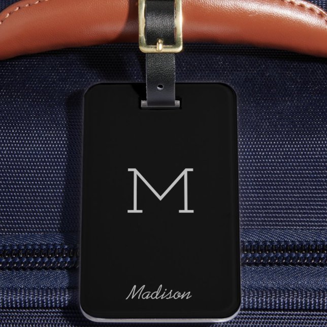 Personalised Trendy Monogram Black Grey Custom Luggage Tag ("Everyday is abundantly beautiful." 
Sincerely Best Wishes from Lucky Design World)