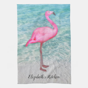 Personalised Trendy Pink Flamingo Tropical Beach Tea Towel