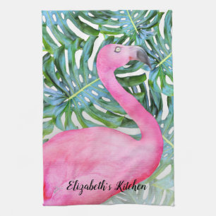 Personalised Trendy Pink Flamingo Tropical Leaves Tea Towel