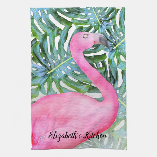 Personalised Trendy Pink Flamingo Tropical Leaves Tea Towel (Vertical)