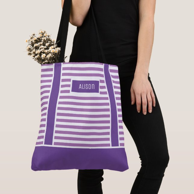 Personalised Trendy Purple And White Stripes  Tote Bag (Close Up)