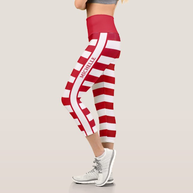 Personalised Trendy Red White Stripes Candy Cane Capri Leggings (Left)