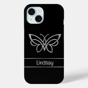 Personalised Tribal Butterfly Silver Glitter Black iPhone 15 Case
