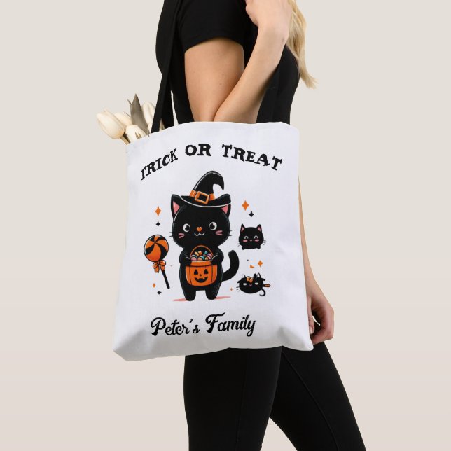 Personalised Trick Or Treat Cute Cat Tote Bag (Close Up)