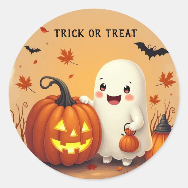 Personalised Trick or Treat Ghost & Pumpkin Hallow Classic Round Sticker (Front)
