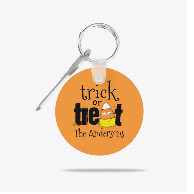 Personalised Trick or Treat Halloween Candy Corn  Key Ring (Personalized Trick or Treat Halloween keychain with candy corn and bold orange background.)