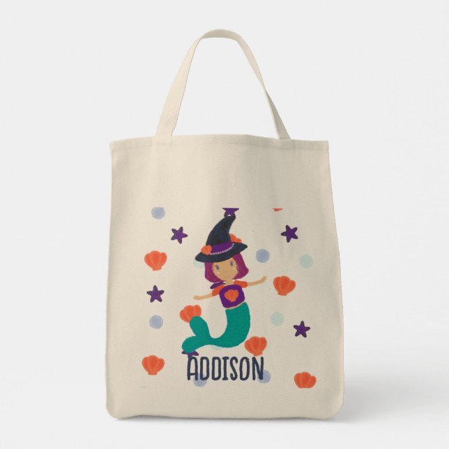 Personalised Trick or Treat Mermaid Witch Tote Bag (Back)