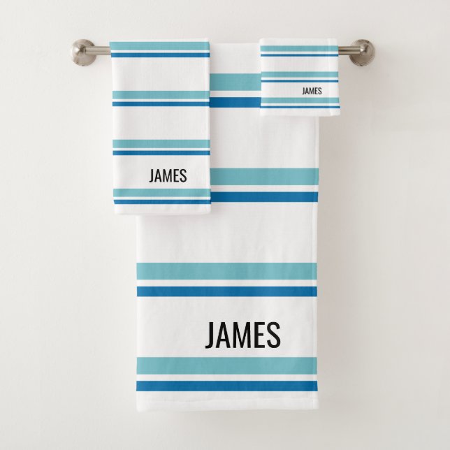 Personalised Tropical Aqua Blue And White Striped Bath Towel Set (Insitu)