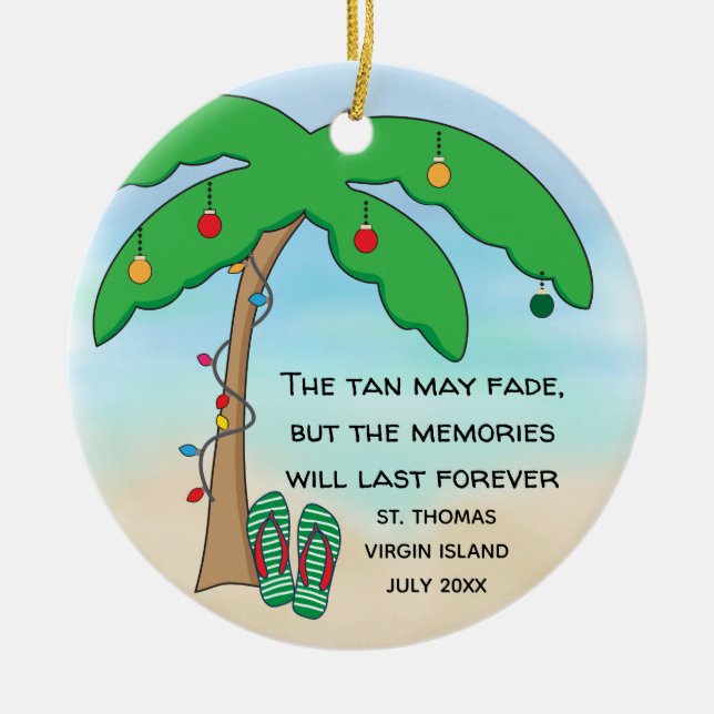 Personalised Tropical Beach Christmas Ceramic Tree Decoration (Front)