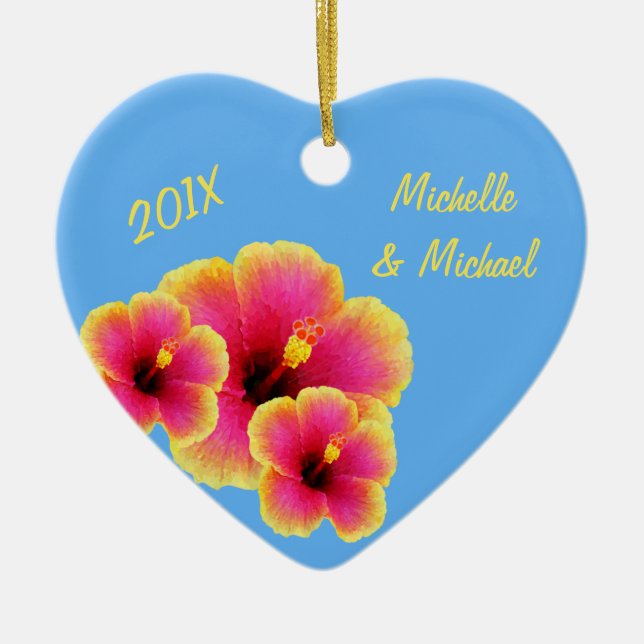 Personalised Tropical Blue Wedding Hibiscus Ceramic Tree Decoration (Front)