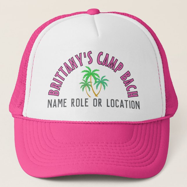 Personalised Tropical Camp Bach Palm Trees Pink  Trucker Hat (Front)