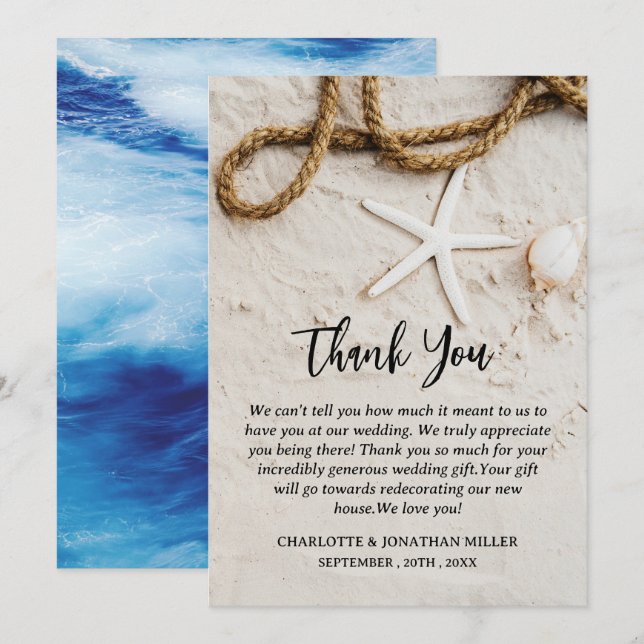 Personalised Tropical Coastal Beach Wedding Thank You Card (Front/Back)
