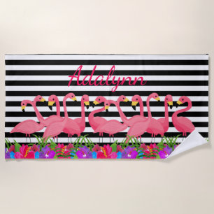 Personalised Tropical Flamingo and Stripes Beach Towel