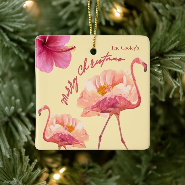Personalised Tropical Flamingo Christmas Keepsake Ceramic Ornament (Tree)
