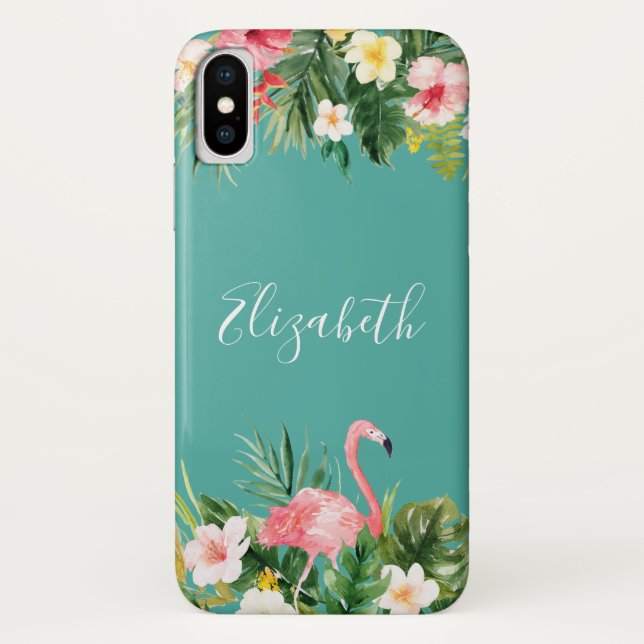 Personalised Tropical Floral Flamingo Teal Case-Mate iPhone Case (Back)