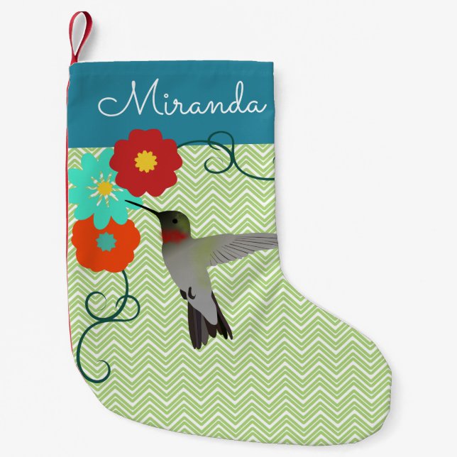 Personalised Tropical Floral Hummingbird Small Christmas Stocking (Front)
