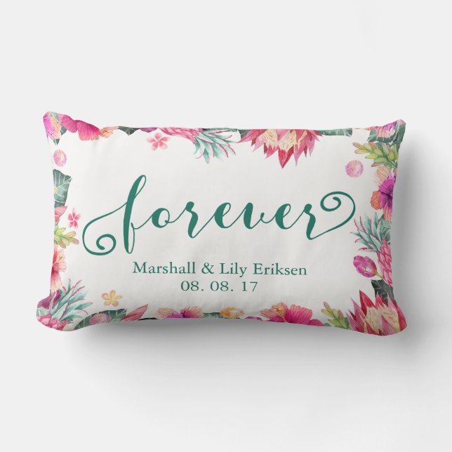 Personalised Tropical Floral Wedding Lumbar Pillow (Front)