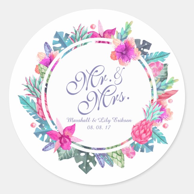 Personalised Tropical Floral Wedding Sticker Seal (Front)