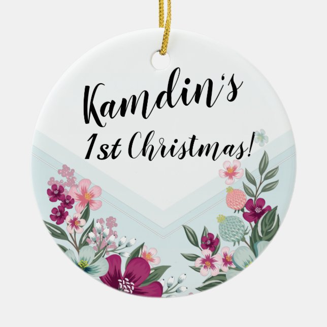 Personalised Tropical Flower on Blue Ombre Ceramic Tree Decoration (Front)