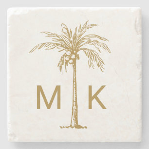 Personalised Tropical Gold Palm Tree Monogram Stone Coaster