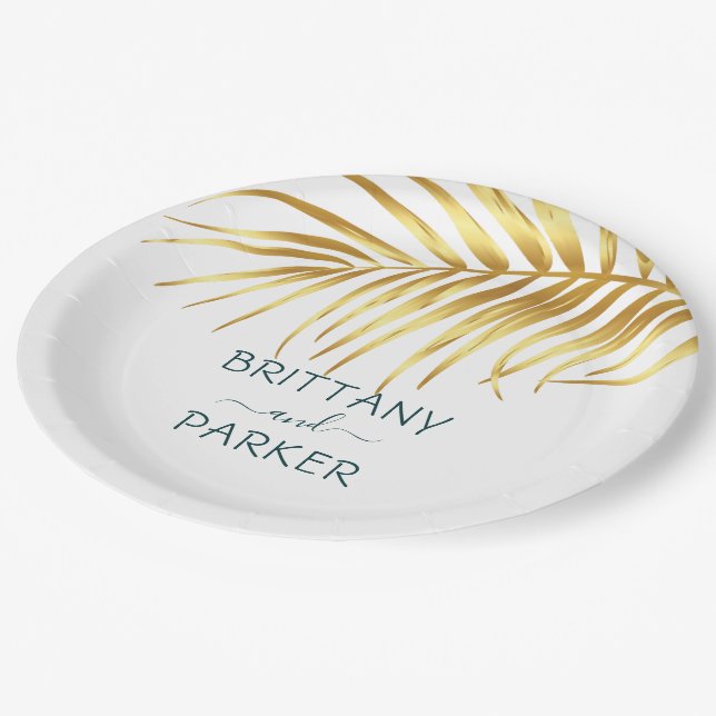 Personalised Tropical Gold Wedding Paper Plate (Angled)