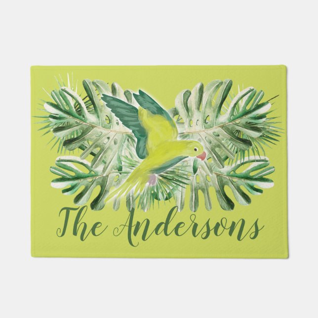 Personalised Tropical Green Parrot Lime Green Doormat (Front)