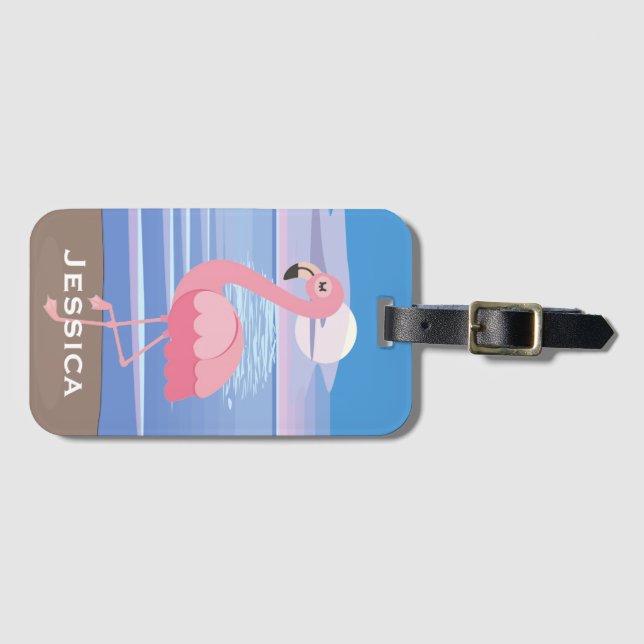 Personalised Tropical Island Flamingo Luggage Tag (Front Horizontal)