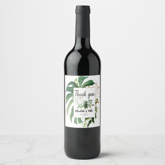 Personalised Tropical Leaf Wedding Thank You Wine Label (Front)