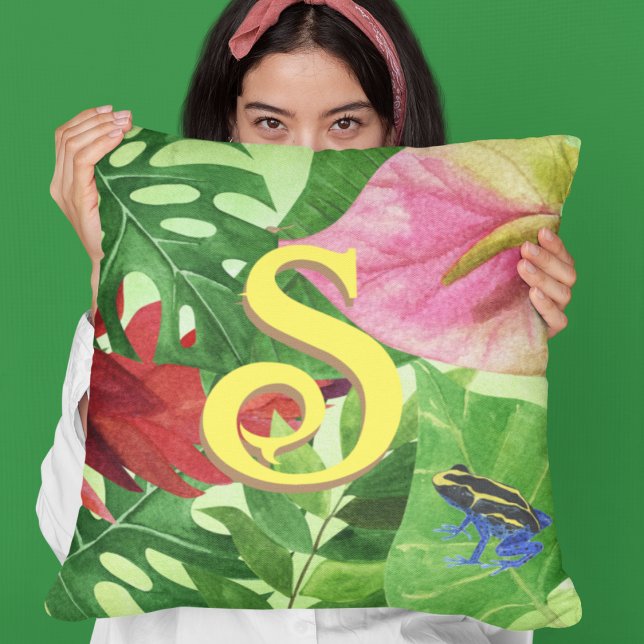 Personalised Tropical leaves Botanical jungle frog Cushion (Initial Tropical cushion
)