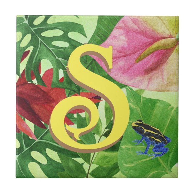 Personalised Tropical leaves Botanical jungle frog Tile (Front)